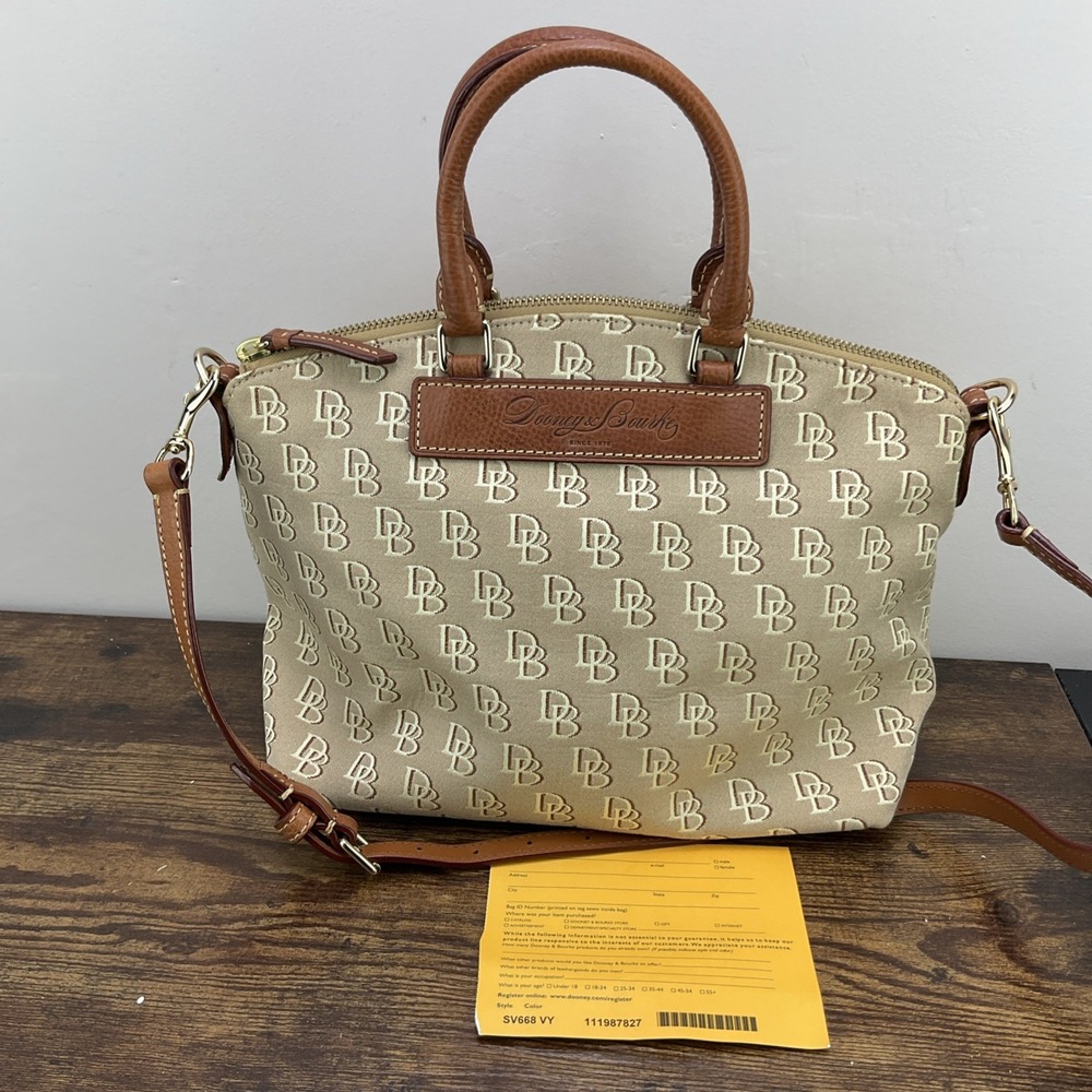 Dooney & Bourke Tan Monogram Satchel Zip Top Detachable Strap Gold Hardware